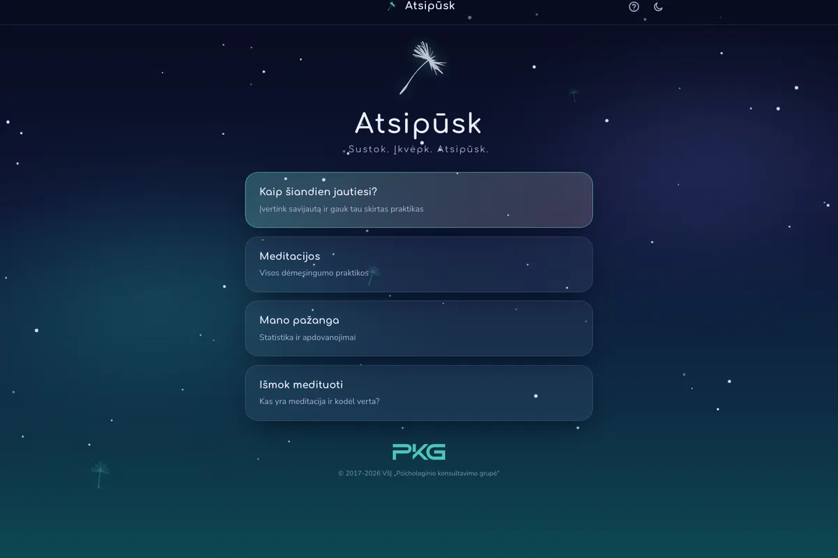 Programėlės „Atsipūsk“ pradžios puslapis